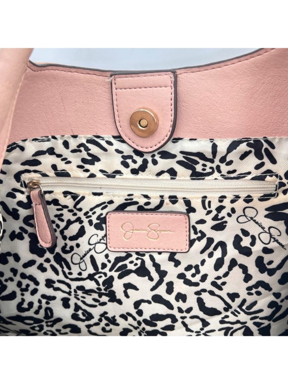Jessica Simpson Blush Pink Tote Bag With Gold Chain Detail Leopard Print Lining - Picture 7 of 16
